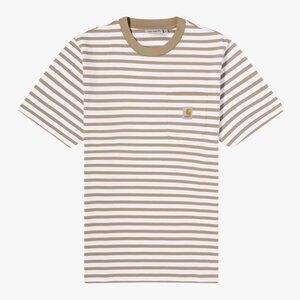 CARHARTT WIP | 100% COTTON "SCOTTY" NEUTRAL BEIGE WHITE STRIPE POCKET T-SHIRT
